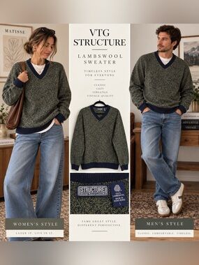 Vintage Structure Lambswool V-Neck Sweater Navy & Olive Marled Knit Size L